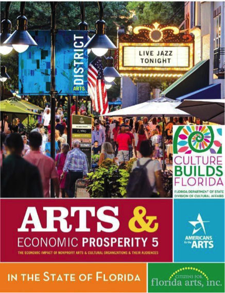Image is of downtown Pensacola with lots of people. Text says "Culture builds Florida", "Arts & Economic Prosperity 5" , "Americans for the Arts", "In the State of Florida", "Citizens for florida arts, inc."